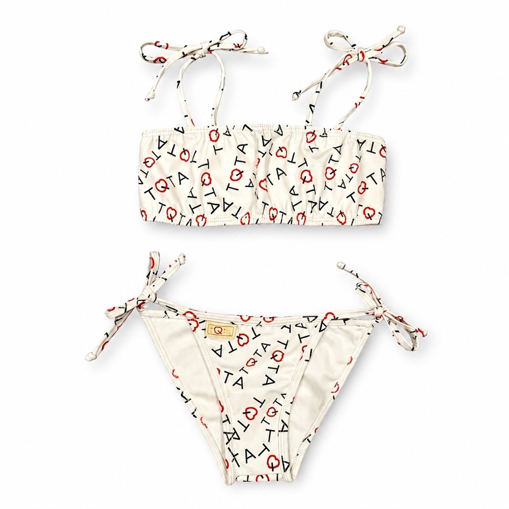 Kids Cream Tie-Strap Bikini with Red & Black Print